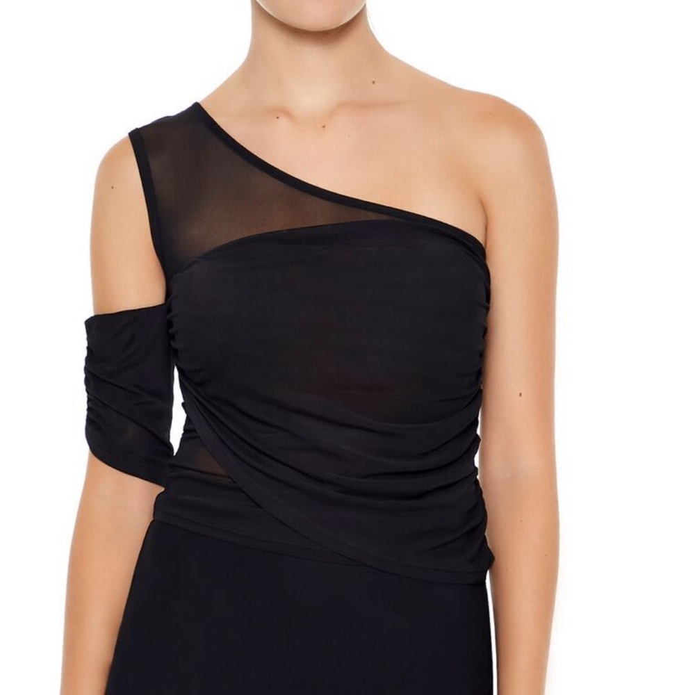 Black One-Shoulder Mesh Crop Top